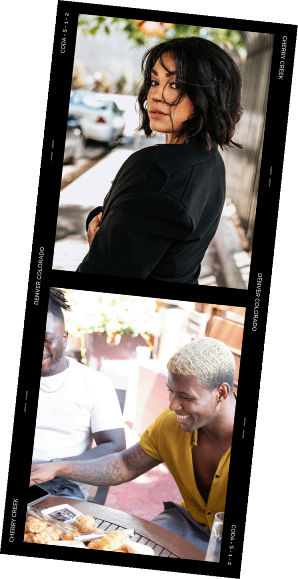 Film strip with person posing for portrait and friends eating together at table.