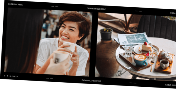 Film strip with friends drinking coffee and table with coffee and pastries.