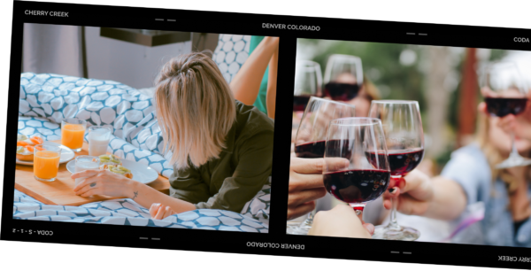 Film strip showing person eating on bed and friends toasting with wine.