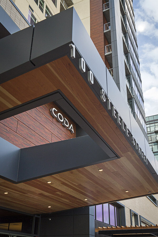 Entrance to CODA apartments on Steele Street.
