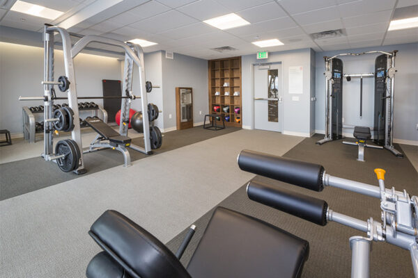 Fitness center with weight and calisthenics equipment.