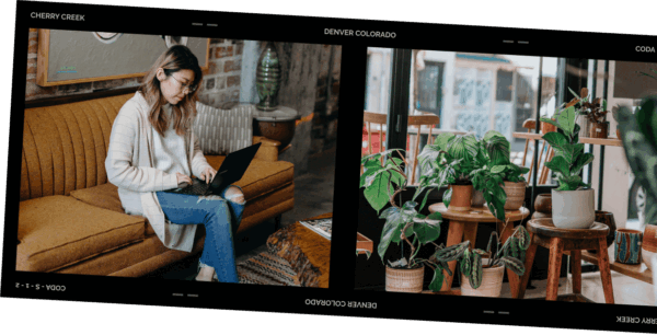 Film strip with person sitting on couch working on computer and potted plants on stands.