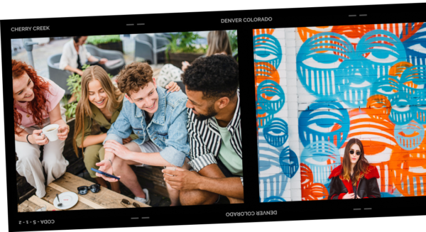 Film strip with images of friends drinking coffee and person posing in front of mural.