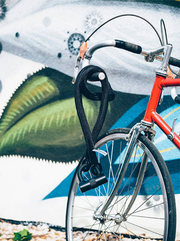 Bike leaning against painted wall mural.