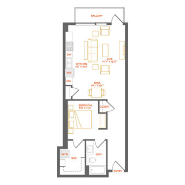 Rendering of the Kermes floor plan with 1 bedroom[s] and 1 bathroom[s] at Coda Cherry Creek