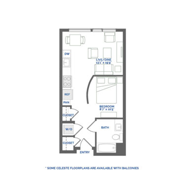 Rendering of the Celeste floor plan with a Studio bedroom and 1 bathroom[s] at Coda Cherry Creek