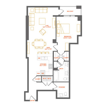 Rendering of the Cardinal floor plan with 1 bedroom[s] and 1.5 bathroom[s] at Coda Cherry Creek