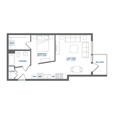 Rendering of the Smalt floor plan with a Studio bedroom and 1 bathroom[s] at Coda Cherry Creek