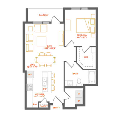 Rendering of the Cramoisy floor plan with 1 bedroom[s] and 1 bathroom[s] at Coda Cherry Creek