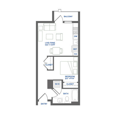 Rendering of the Turquoise floor plan with a Studio bedroom and 1 bathroom[s] at Coda Cherry Creek
