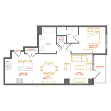 Rendering of the Erythraean floor plan with 1 bedroom[s] and 1 bathroom[s] at Coda Cherry Creek