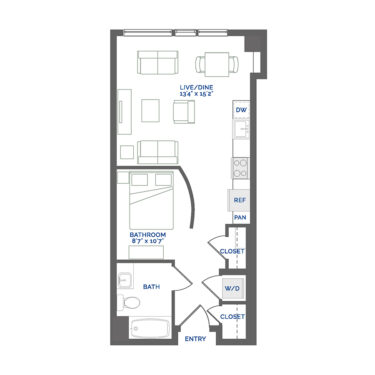 Rendering of the Watchet floor plan with a Studio bedroom and 1 bathroom[s] at Coda Cherry Creek