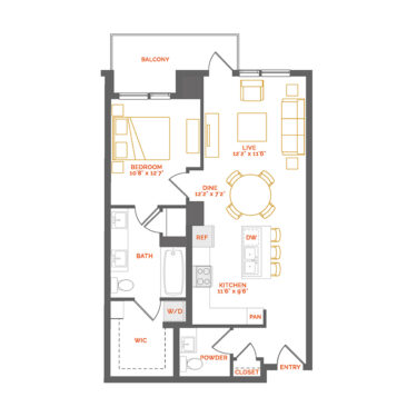 Rendering of the Ponceau floor plan with 1 bedroom[s] and 1.5 bathroom[s] at Coda Cherry Creek
