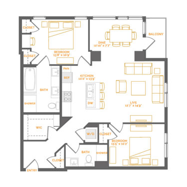 Rendering of the Dorado floor plan with 2 bedroom[s] and 2 bathroom[s] at Coda Cherry Creek