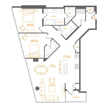 Rendering of the Citreous floor plan with 2 bedroom[s] and 2 bathroom[s] at Coda Cherry Creek