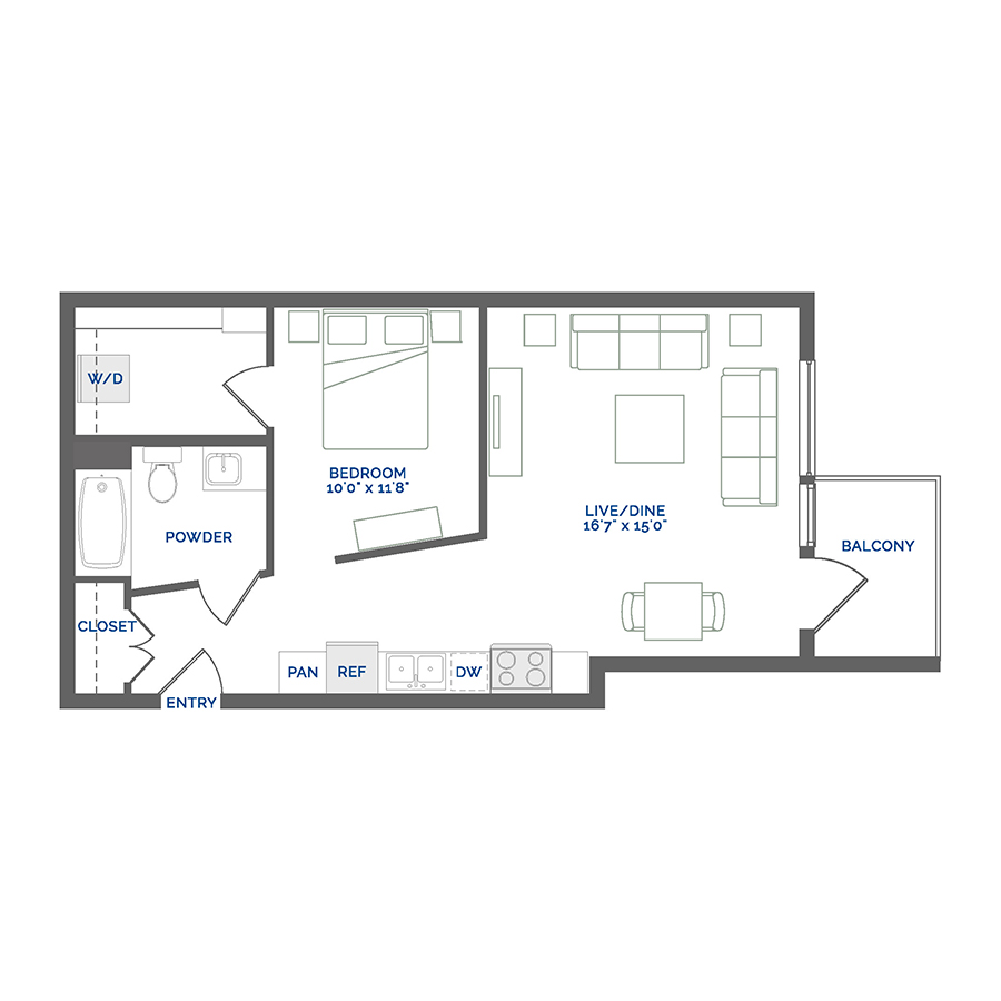 Rendering of the Smalt floor plan with a Studio bedroom and 1 bathroom[s] at Coda Cherry Creek