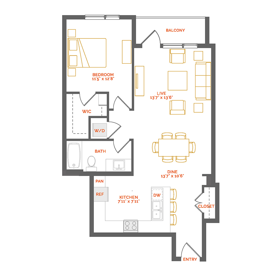 Rendering of the Incarnadine floor plan with 1 bedroom[s] and 1 bathroom[s] at Coda Cherry Creek
