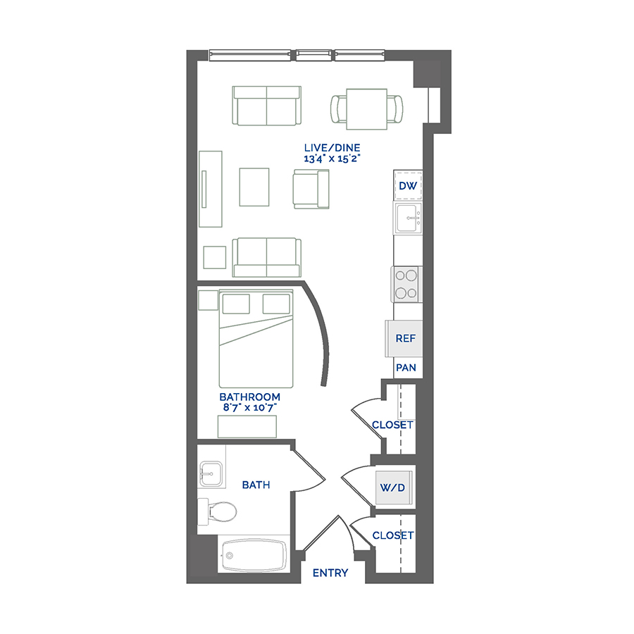 Rendering of the Watchet floor plan with a Studio bedroom and 1 bathroom[s] at Coda Cherry Creek