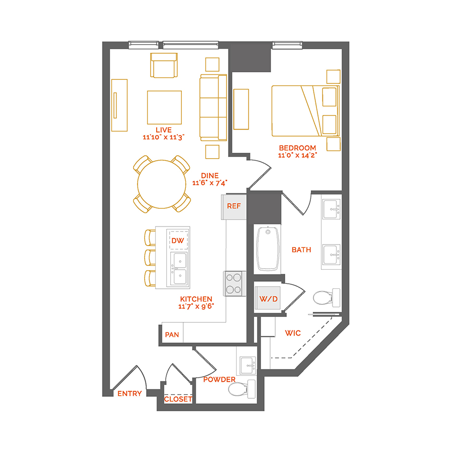 Rendering of the Rufous floor plan with 1 bedroom[s] and 1.5 bathroom[s] at Coda Cherry Creek