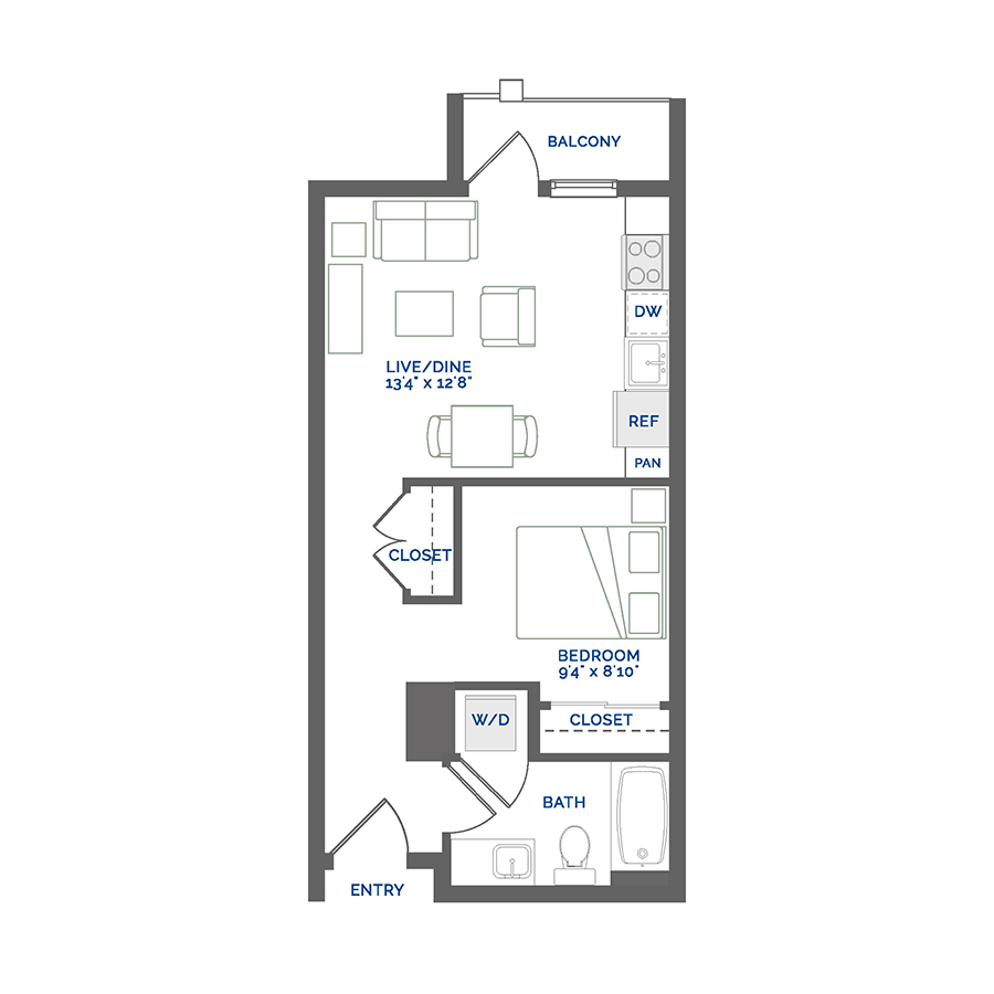 Rendering of the Turquoise floor plan with a Studio bedroom and 1 bathroom[s] at Coda Cherry Creek