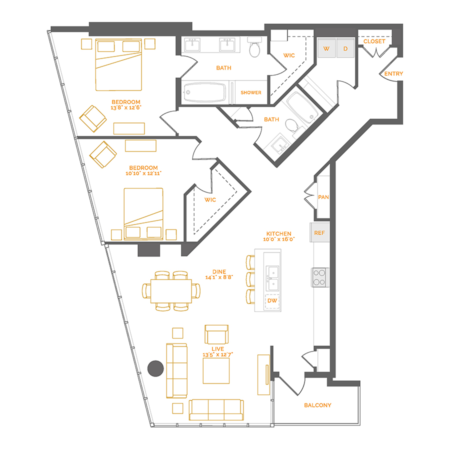 Rendering of the Citreous floor plan with 2 bedroom[s] and 2 bathroom[s] at Coda Cherry Creek