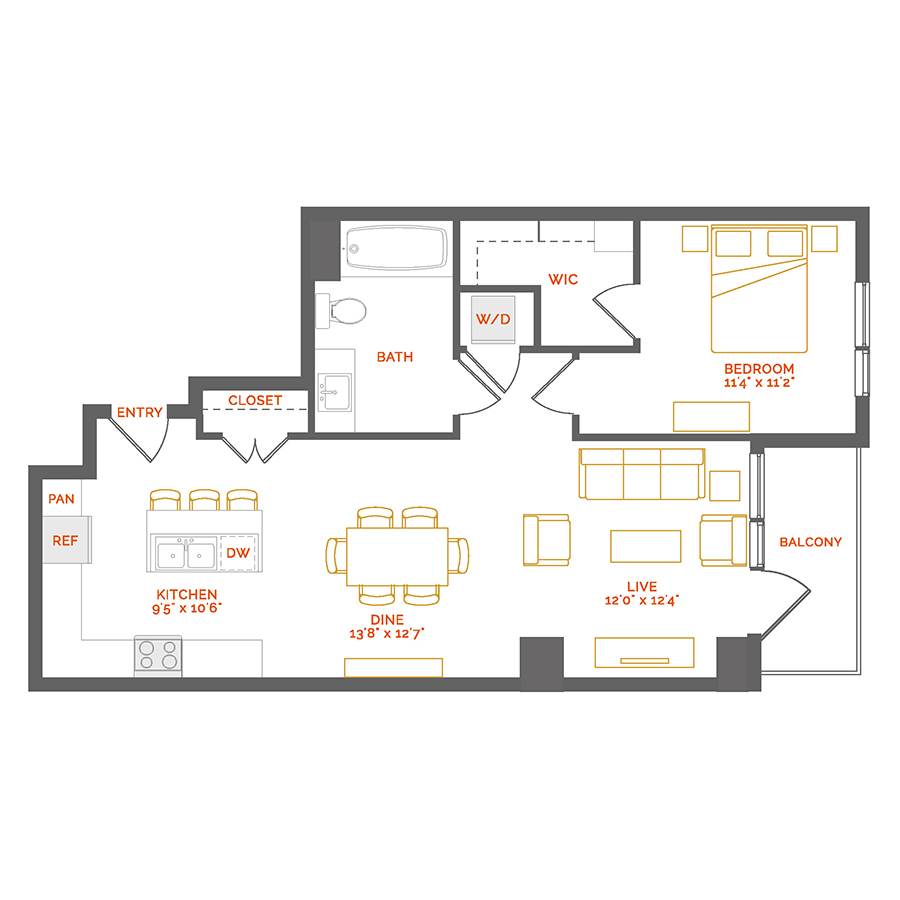 Rendering of the Erythraean floor plan with 1 bedroom[s] and 1 bathroom[s] at Coda Cherry Creek