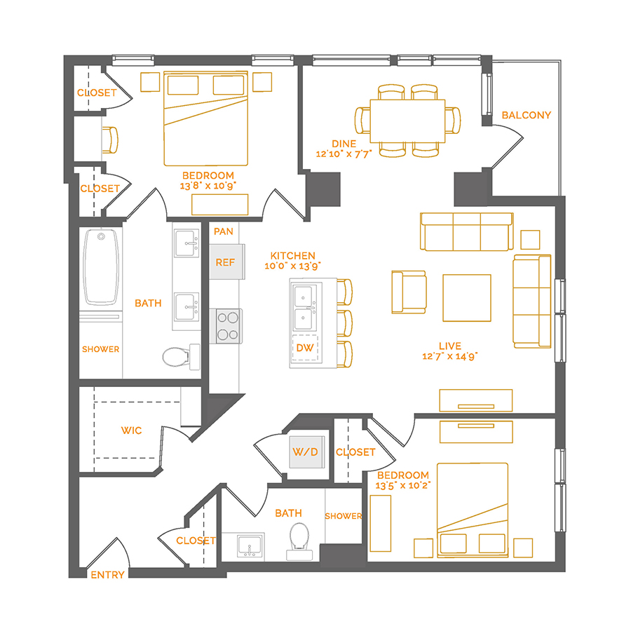 Rendering of the Dorado floor plan with 2 bedroom[s] and 2 bathroom[s] at Coda Cherry Creek