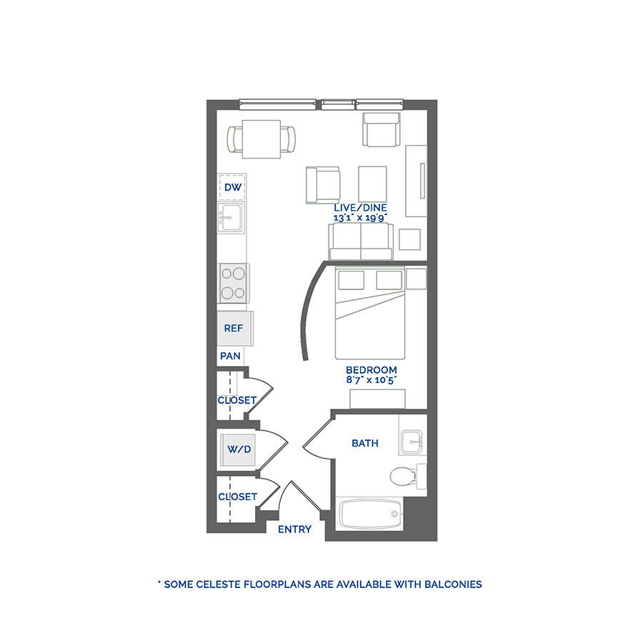 Rendering of the Celeste floor plan with a Studio bedroom and 1 bathroom[s] at Coda Cherry Creek