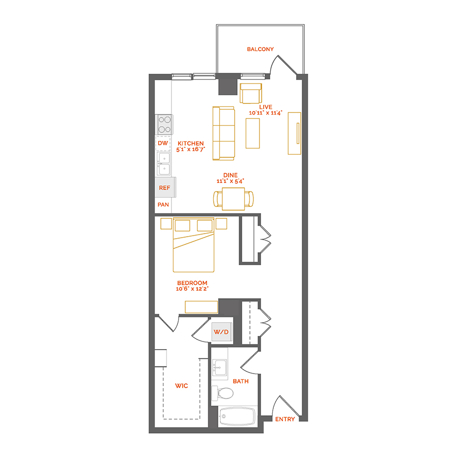 Rendering of the Nacarat floor plan with 1 bedroom[s] and 1 bathroom[s] at Coda Cherry Creek