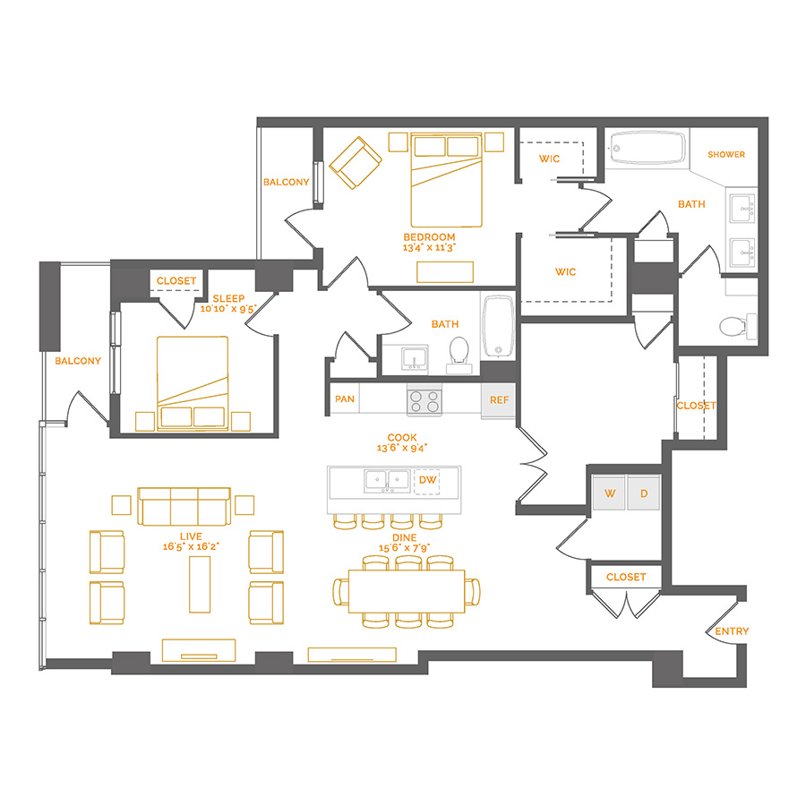 Rendering of the Xanthic floor plan with 2 bedroom[s] and 2 bathroom[s] at Coda Cherry Creek