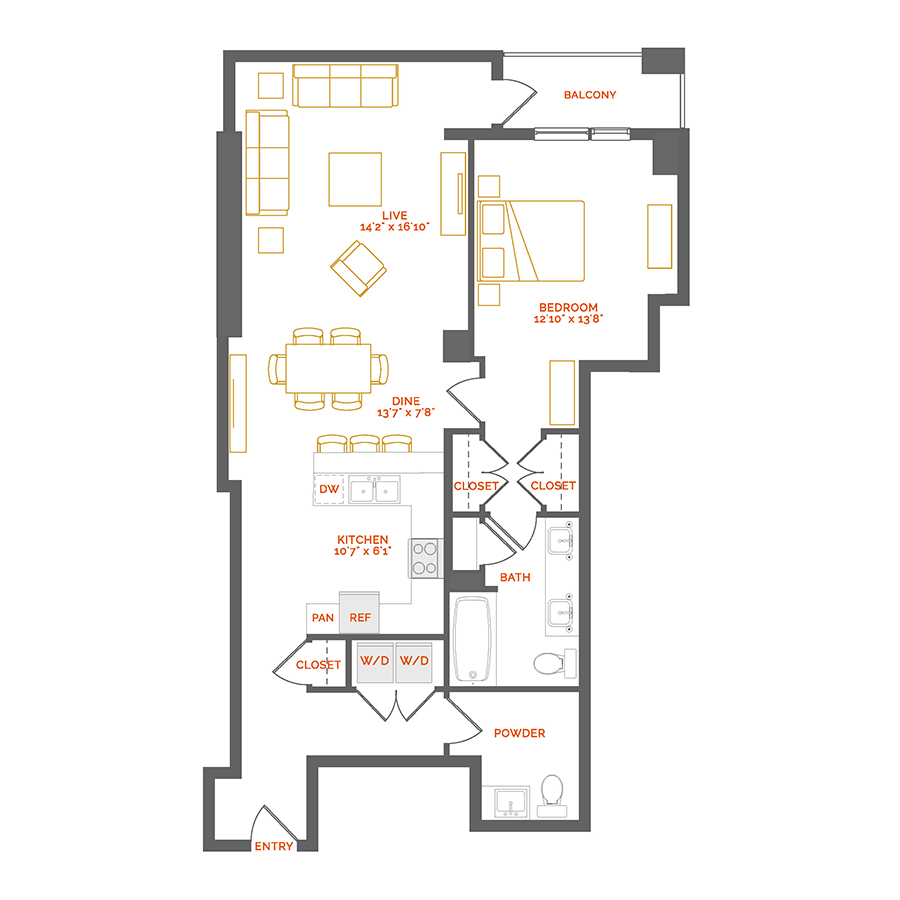 Rendering of the Cardinal floor plan with 1 bedroom[s] and 1.5 bathroom[s] at Coda Cherry Creek