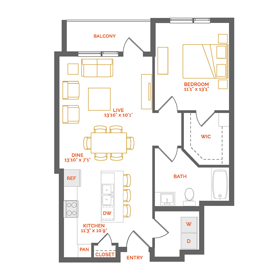 Rendering of the Cramoisy floor plan with 1 bedroom[s] and 1 bathroom[s] at Coda Cherry Creek