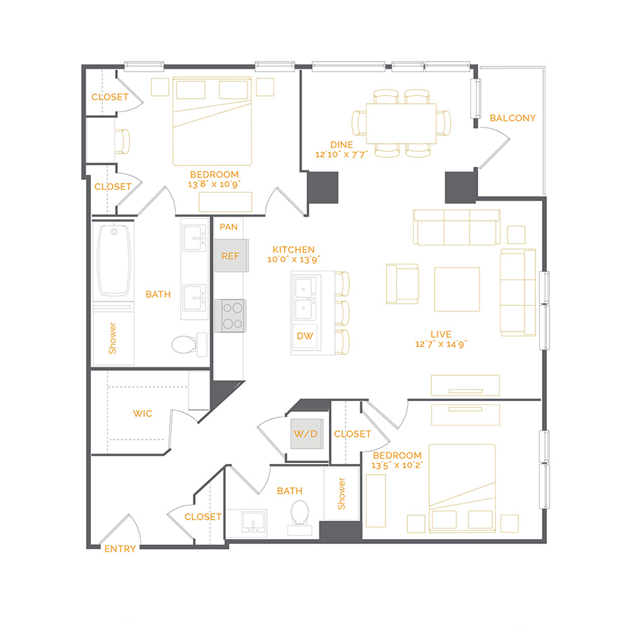 Rendering of the Dorado floor plan with 2 bedroom[s] and 2 bathroom[s] at Coda Cherry Creek